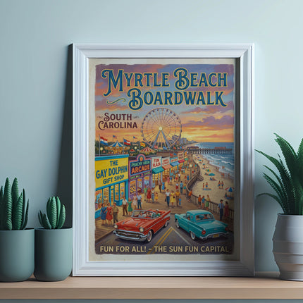 Myrtle Beach Boardwalk poster depicting Ferris wheel, beach, and vintage cars.