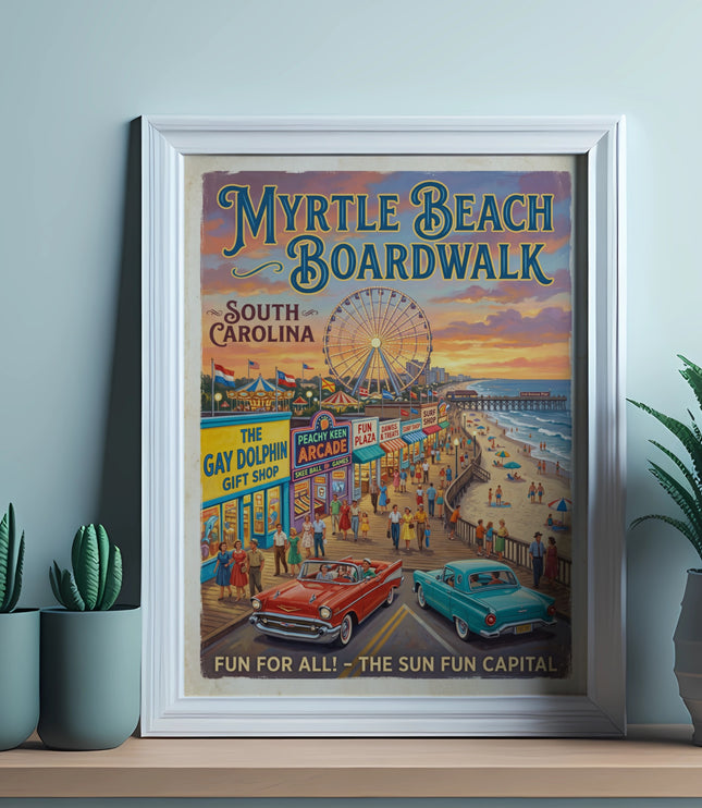 Myrtle Beach Boardwalk poster depicting Ferris wheel, beach, and vintage cars.