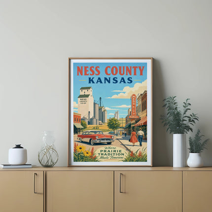 Ness County Kansas retro poster featuring a vintage car, grain silos, and text.