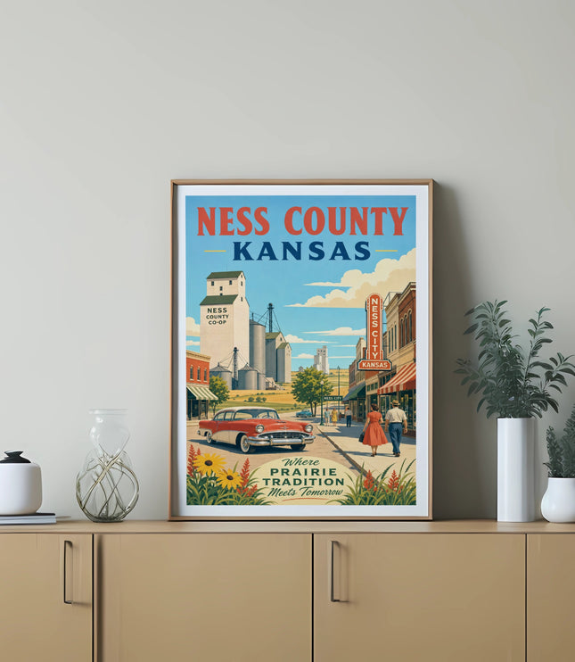 Ness County Kansas retro poster featuring a vintage car, grain silos, and text.