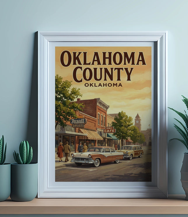 "Oklahoma County Oklahoma" vintage print with street scene, vintage cars, and storefronts.