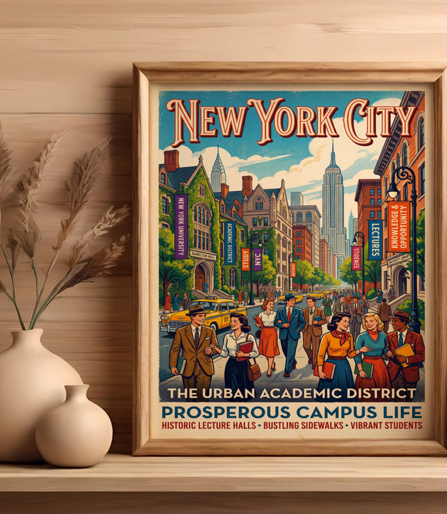 New York City urban academic district poster featuring students and buildings.