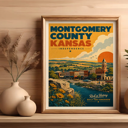 Vintage travel poster of Montgomery County, Kansas with town and landscape.