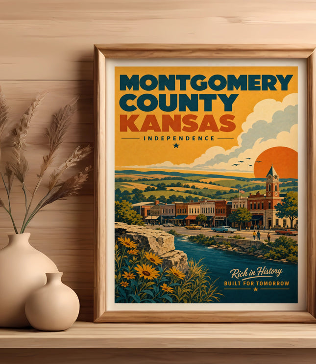 Vintage travel poster of Montgomery County, Kansas with town and landscape.
