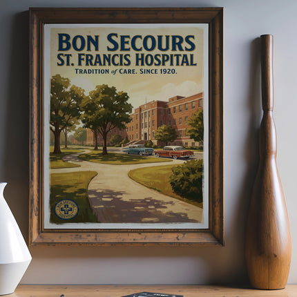 Vintage poster of Bon Secours St. Francis Hospital with cars and trees.