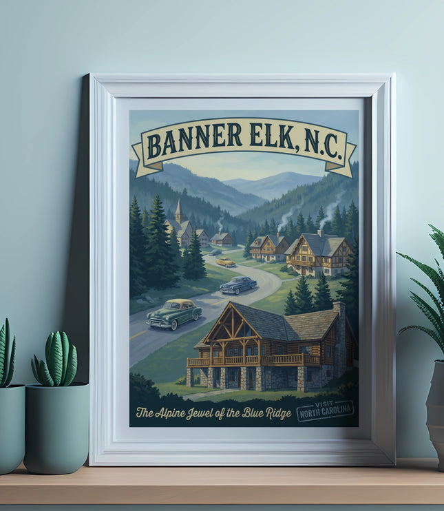 Vintage poster of Banner Elk, N.C. with mountains, cabins, and cars.