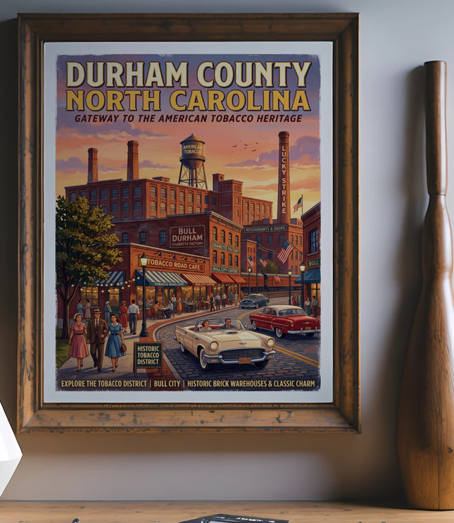 Durham County North Carolina poster showing tobacco heritage, historic buildings, and vintage cars.