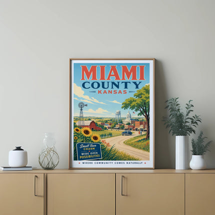 Miami County Kansas travel poster with windmill, farm, and town illustration.