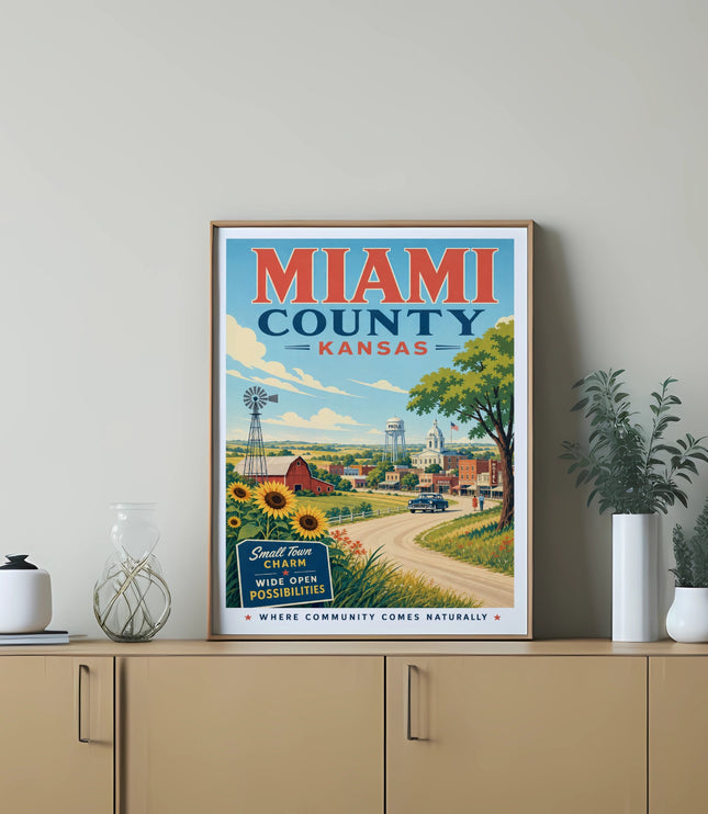 Miami County Kansas travel poster with windmill, farm, and town illustration.
