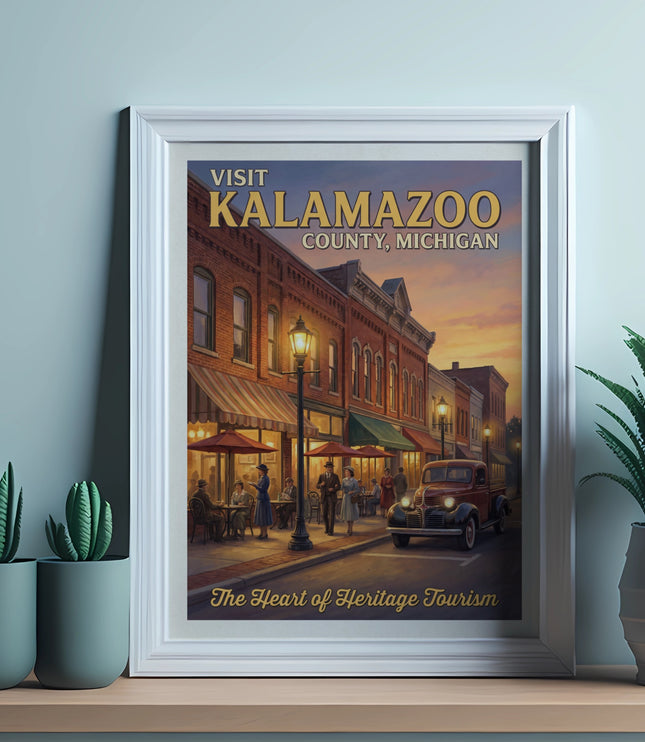 Vintage "Visit Kalamazoo County, Michigan" poster featuring town square at dusk with people and truck.