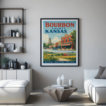 Bourbon County Kansas vintage travel poster depicting a street scene.