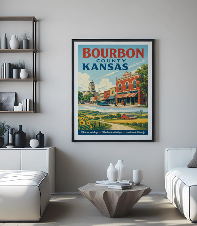 Bourbon County Kansas vintage travel poster depicting a street scene.