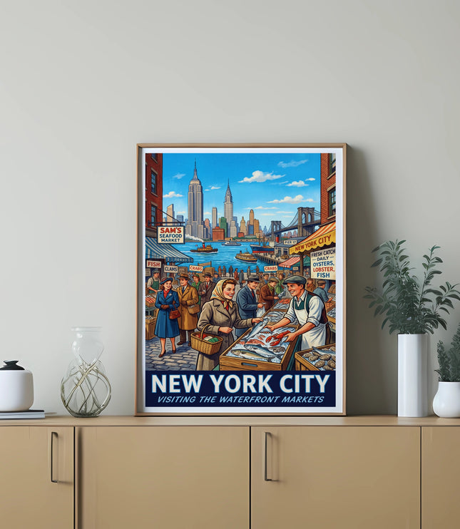 New York City vintage travel poster showing waterfront markets, seafood, and skyline.