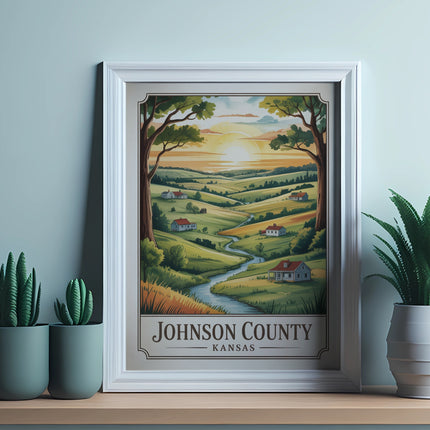 Framed illustration of Johnson County, Kansas landscape with rolling hills and sunset.