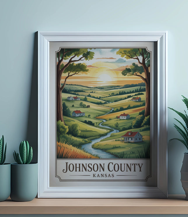 Framed illustration of Johnson County, Kansas landscape with rolling hills and sunset.