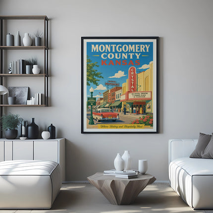 Vintage poster for Montgomery County, Kansas, featuring Independence and the Crystal Theatre.