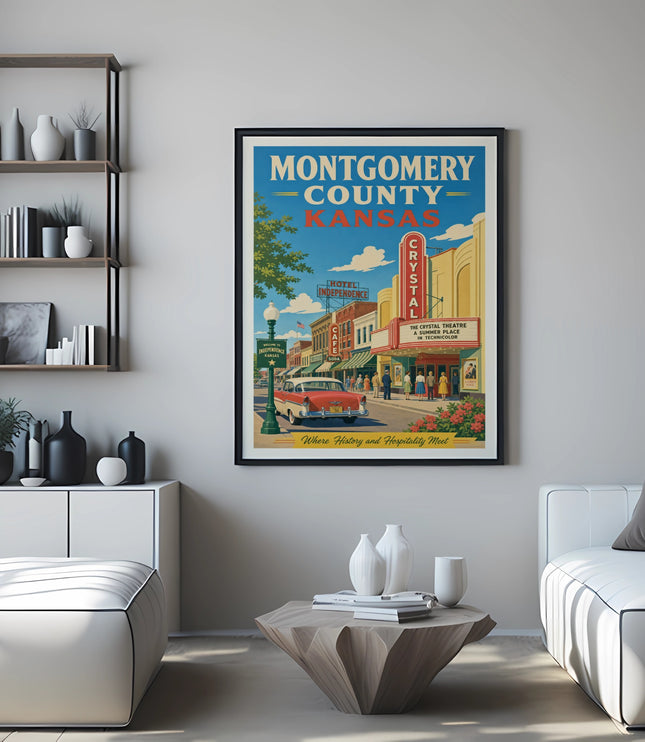 Vintage poster for Montgomery County, Kansas, featuring Independence and the Crystal Theatre.