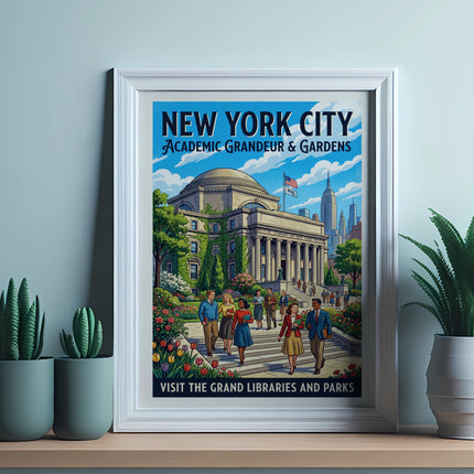 New York City poster featuring academic buildings, gardens, and text about libraries.