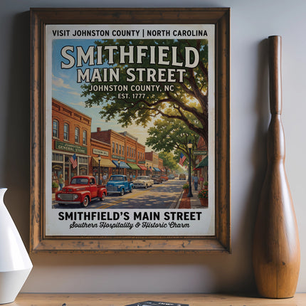 Smithfield's Main Street poster depicts vintage shops and vehicles.