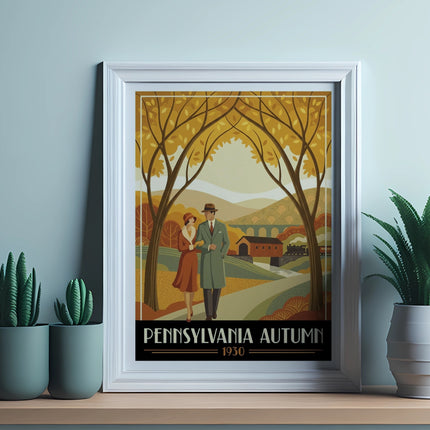Pennsylvania Autumn 1930 poster framed with plants on a shelf.