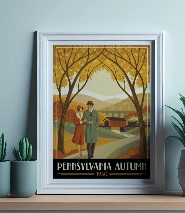 Pennsylvania Autumn 1930 poster framed with plants on a shelf.