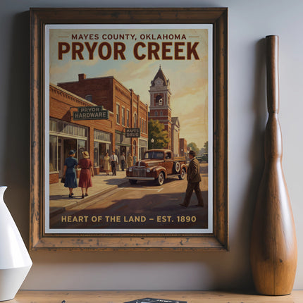 Poster featuring Mayes County, Oklahoma, Pryor Creek, a town scene with businesses and classic truck.