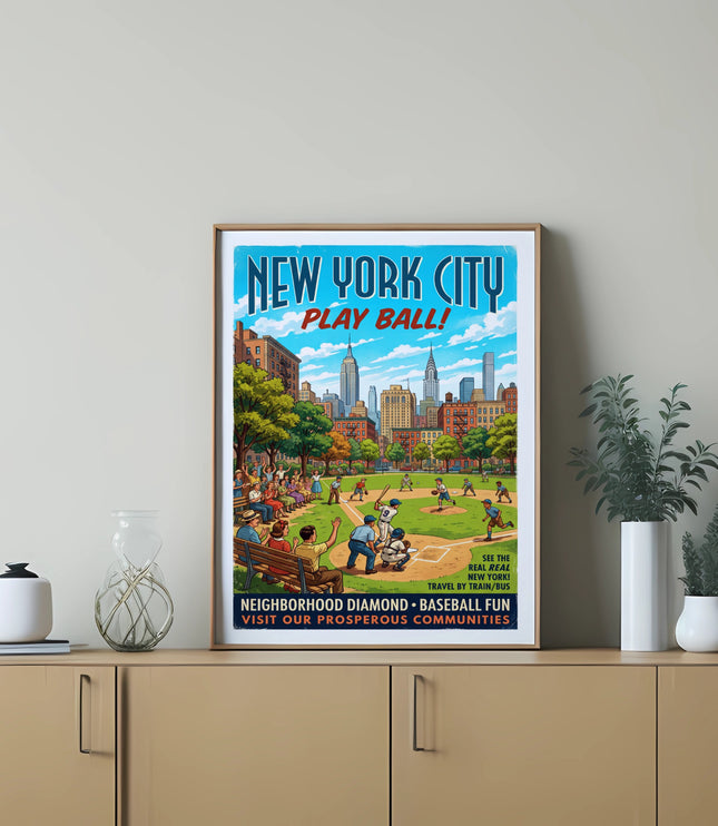 New York City Play Ball! poster features baseball game with city skyline.