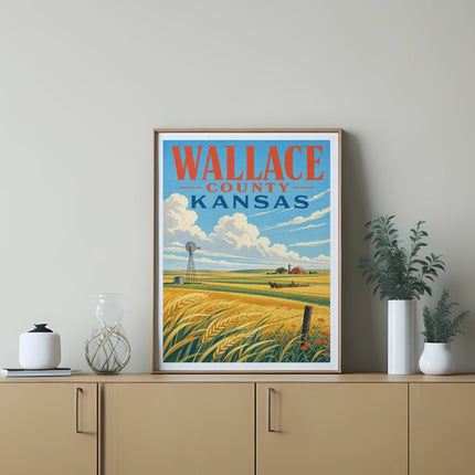 Wallace County, Kansas poster with wheat field, windmill, and farm.