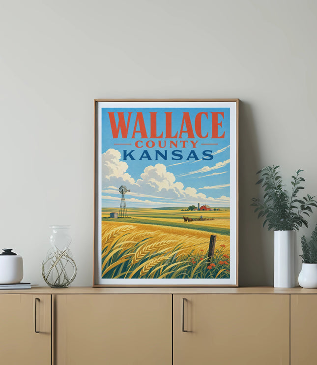 Wallace County, Kansas poster with wheat field, windmill, and farm.