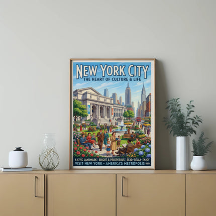 New York City poster, "The Heart of Culture & Life," depicting a bustling civic scene.
