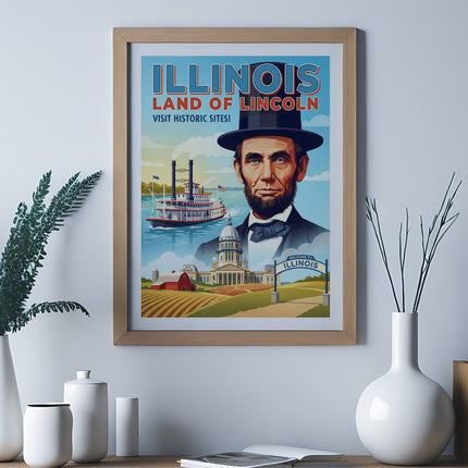 Vintage poster of Abraham Lincoln with "Illinois: Land of Lincoln" text.
