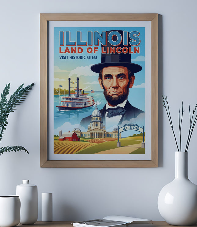 Vintage poster of Abraham Lincoln with "Illinois: Land of Lincoln" text.