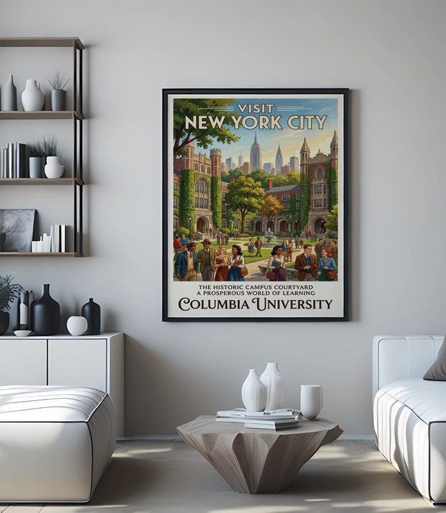 Vintage poster of Columbia University campus and New York City skyline.