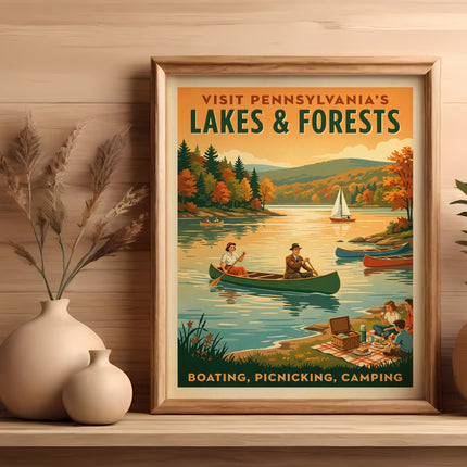 Vintage poster advertising Pennsylvania's Lakes & Forests for boating and camping.