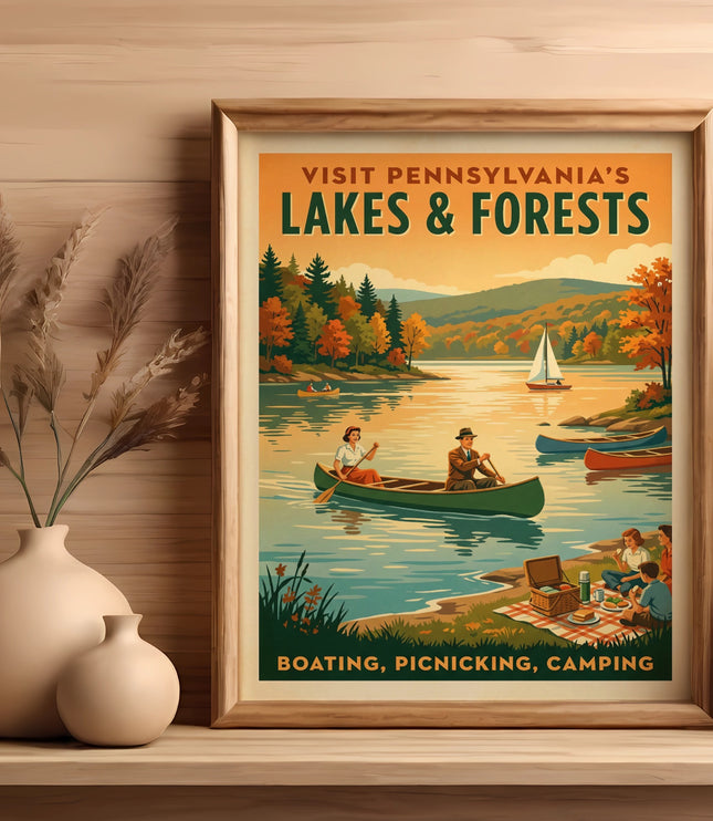Vintage poster advertising Pennsylvania's Lakes & Forests for boating and camping.