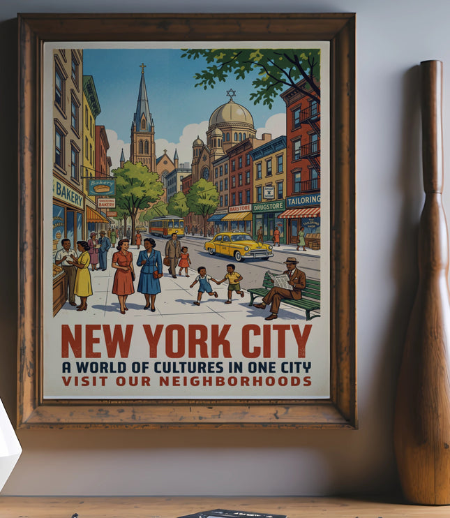 Vintage poster of New York City street scene with shops and diverse people.