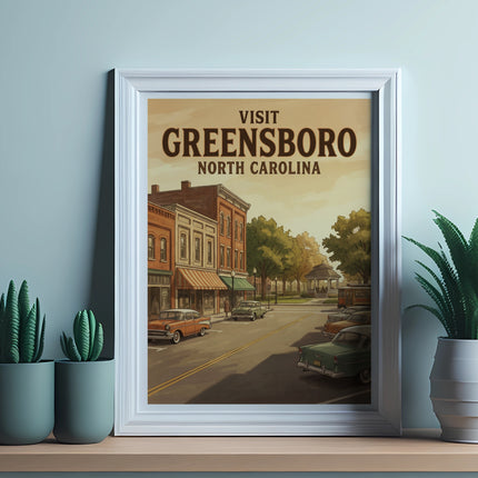 Vintage "Visit Greensboro, North Carolina" poster showing a street scene with cars.