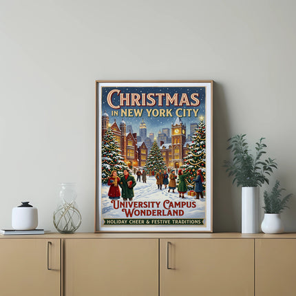 Christmas in New York City poster on wall, featuring festive scene.