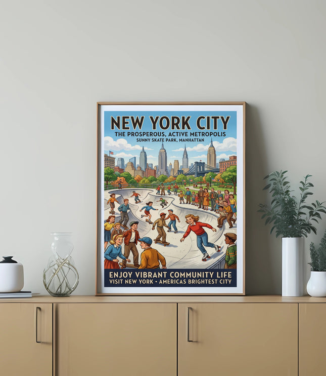 New York City poster showing a skate park with people and the skyline.
