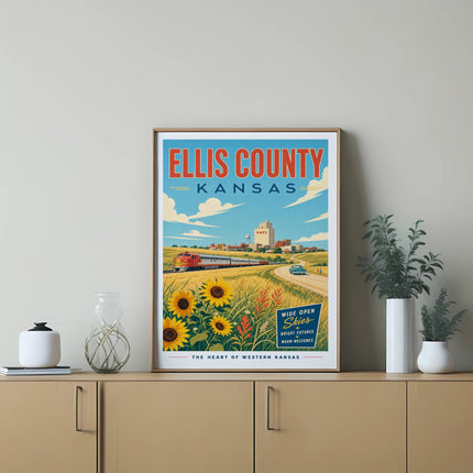Ellis County, Kansas travel poster with train and sunflowers.