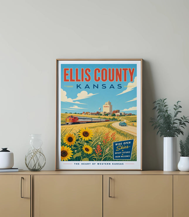 Ellis County, Kansas travel poster with train and sunflowers.