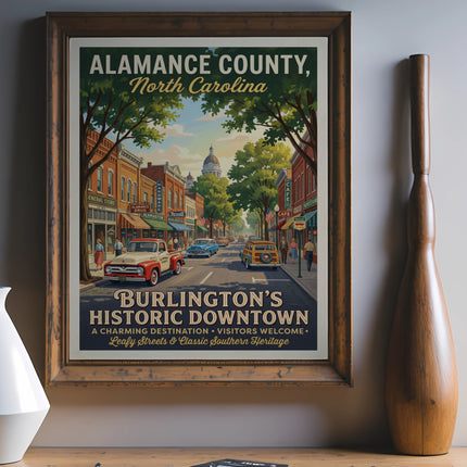 Poster of Burlington's Historic Downtown, Alamance County, North Carolina with vintage cars.