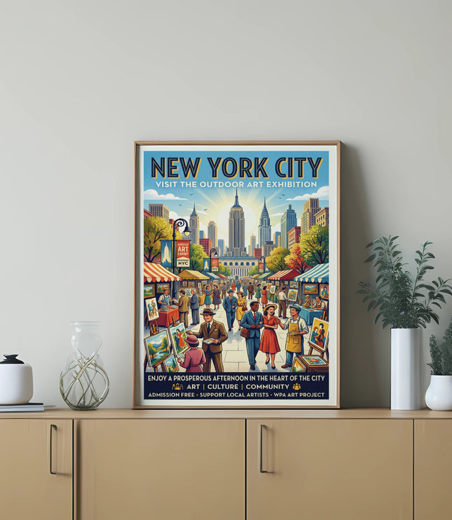 New York City art exhibition poster featuring skyline and diverse crowd.