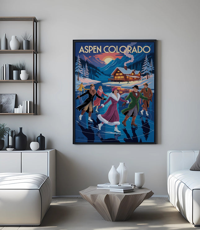 Vintage "Aspen Colorado" poster showing people ice skating in a snowy village.