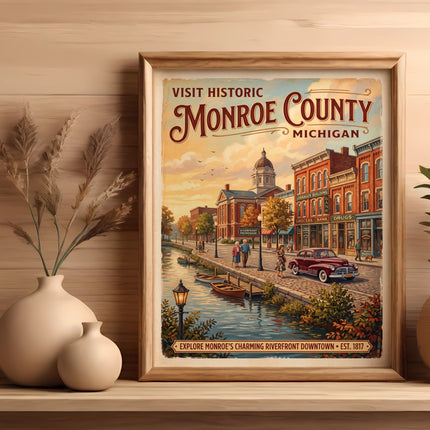 Vintage poster "Visit Historic Monroe County Michigan" showing riverfront downtown scene.