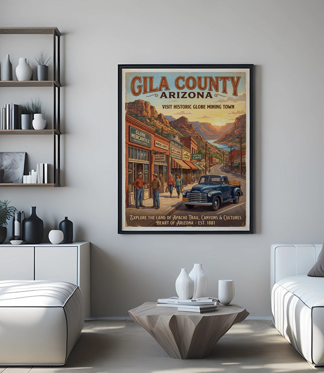 Gila County Arizona vintage travel poster depicting Globe mining town.