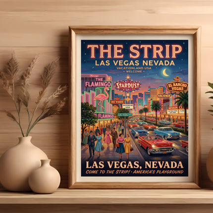 Vintage poster of The Strip, Las Vegas, Nevada with vintage cars and people.