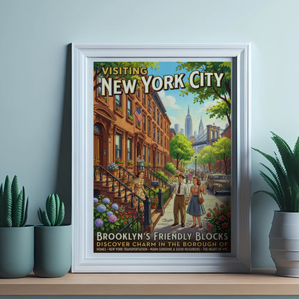 Retro travel poster for New York City brownstones with people.