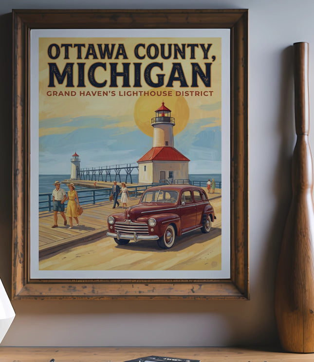 Framed poster of Ottawa County, Michigan, Grand Haven Lighthouse District, with classic car.