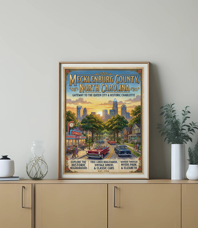Mecklenburg County, North Carolina poster featuring Charlotte skyline, diner, and classic cars.